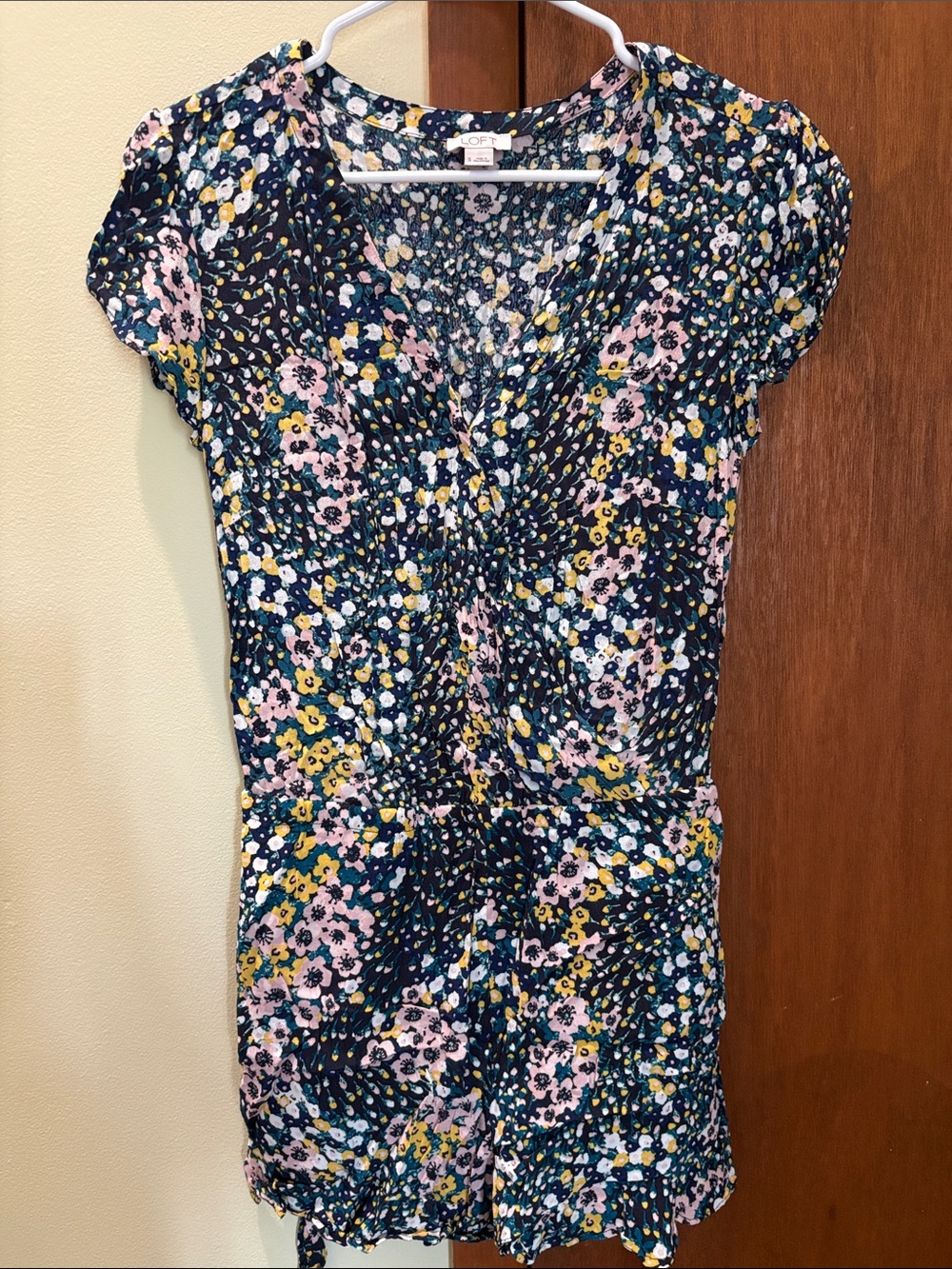 LOFT Navy Floral Short Sleeve Romper with Pink & Yellow Blooms